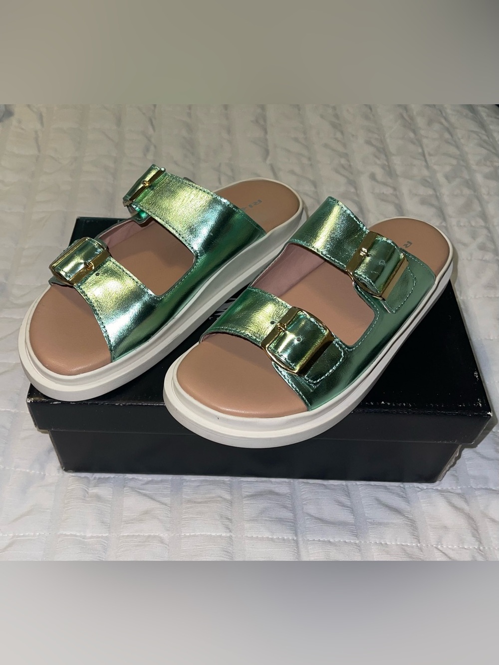 Rizzoli Metallic Green Buckle Slide Sandals